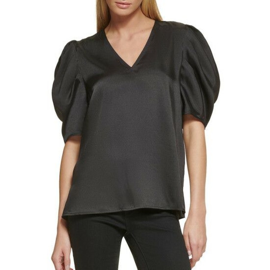 Women'S Clothing * | Cheapest Dkny Scarf Twill V-Neck Puff Elbow Sleeve Top Black