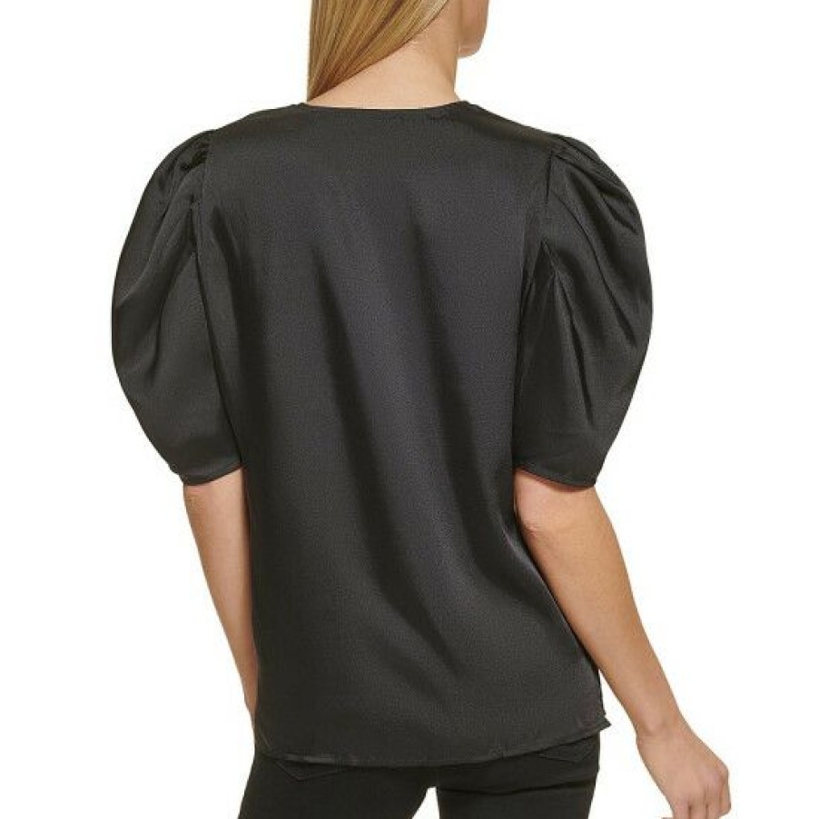 Women'S Clothing * | Cheapest Dkny Scarf Twill V-Neck Puff Elbow Sleeve Top Black