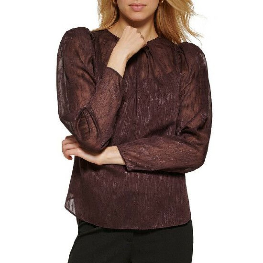 Women'S Clothing * | Hot Sale Dkny Sheer Long Puff Sleeve Shimmer Detail Round Neck Blouse Bordeaux