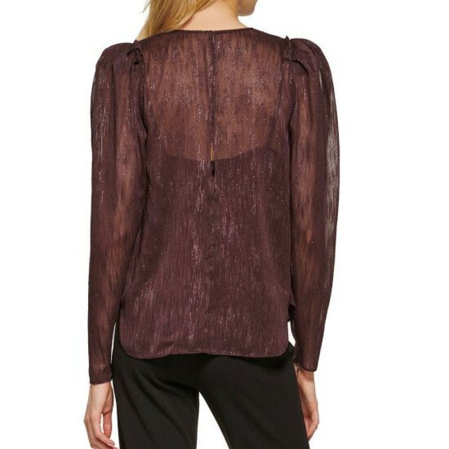 Women'S Clothing * | Hot Sale Dkny Sheer Long Puff Sleeve Shimmer Detail Round Neck Blouse Bordeaux