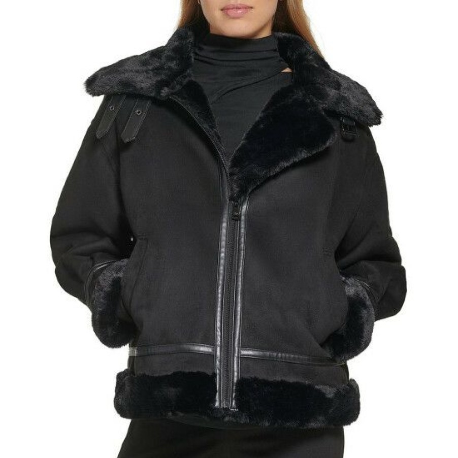 Women'S Clothing * | Budget Dkny Suede Faux Fur Trim Peak Lapel Long Sleeve Moto Jacket Black