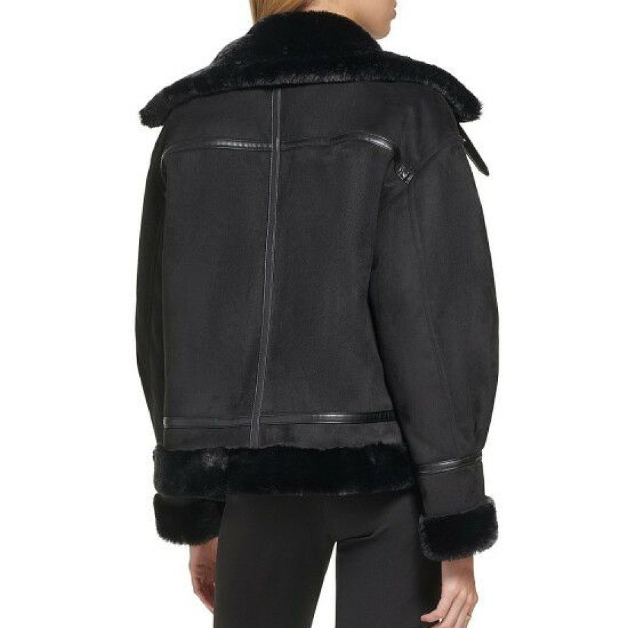 Women'S Clothing * | Budget Dkny Suede Faux Fur Trim Peak Lapel Long Sleeve Moto Jacket Black