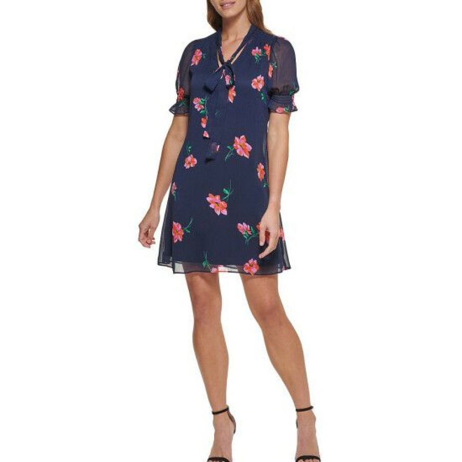 Women'S Clothing * | Coupon Dkny Smocked Short Sleeve Tie V-Neck Floral Print Chiffon Shift Dress Navy Multi