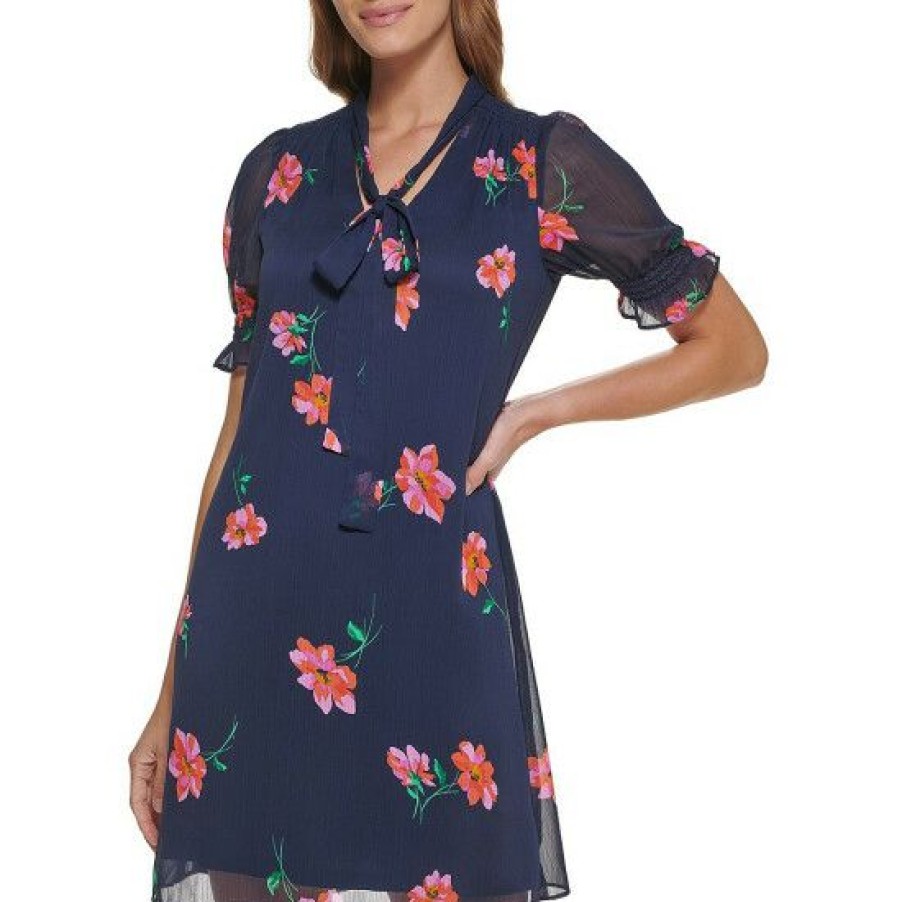 Women'S Clothing * | Coupon Dkny Smocked Short Sleeve Tie V-Neck Floral Print Chiffon Shift Dress Navy Multi