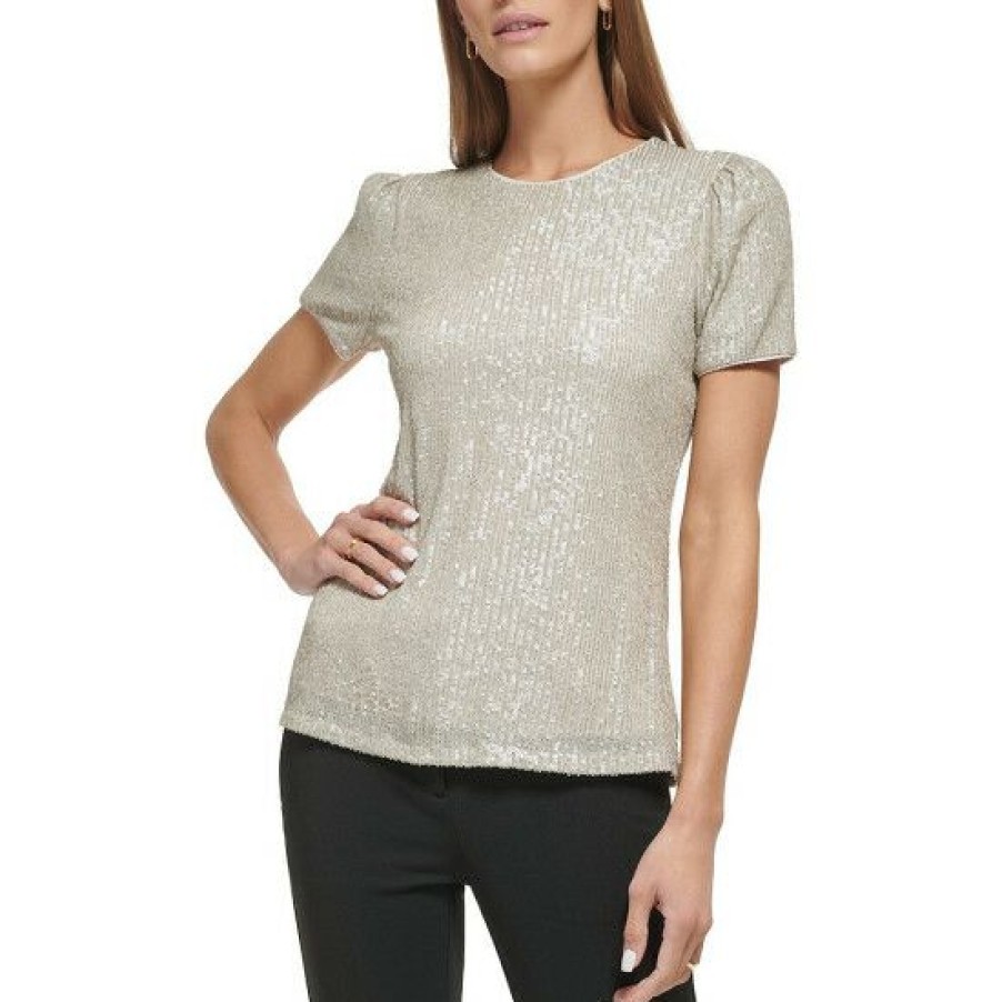 Women'S Clothing * | Hot Sale Dkny Sequin Crew Neck Short Sleeve Tee Champagne