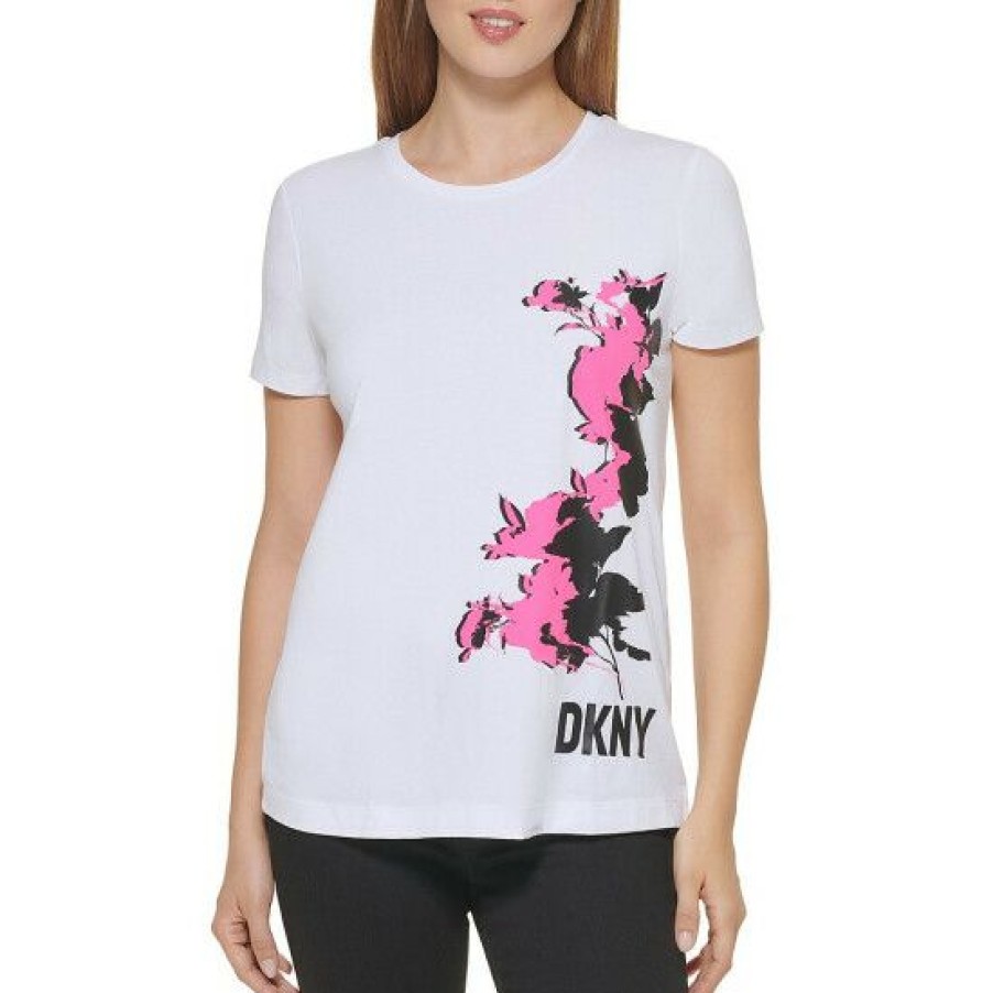 Women'S Clothing * | Coupon Dkny Placement Floral Print Crew Neck Short Sleeve Logo Knit T-Shirt White/Power Pink