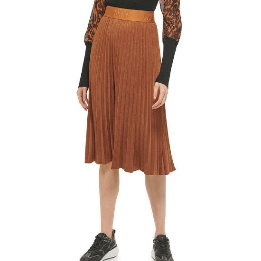 Women'S Clothing * | Budget Dkny Logo Elastic Waistband Pleated Pull-On Midi Skirt