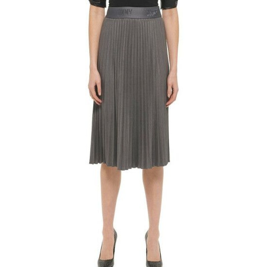 Women'S Clothing * | Budget Dkny Logo Elastic Waistband Pleated Pull-On Midi Skirt