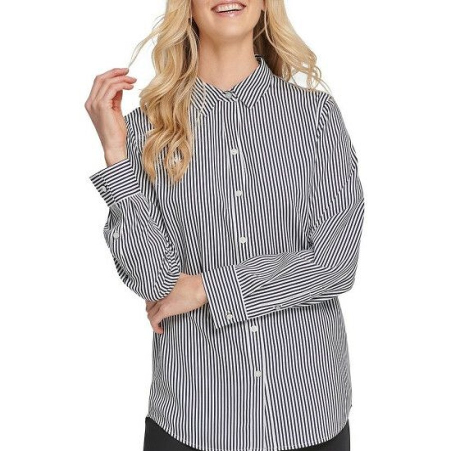 Women'S Clothing * | Brand New Dkny Contrast Stripe Print Point Collar Long Sleeve Button Front Crepe Shirt Navy/Ivory