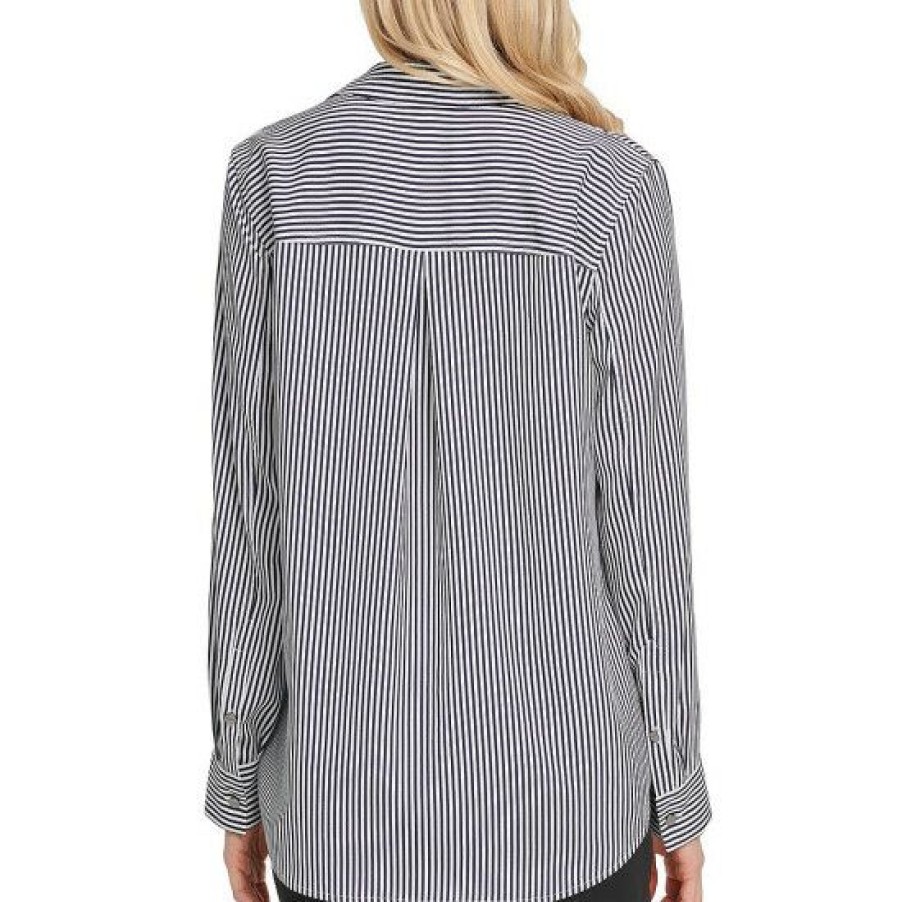 Women'S Clothing * | Brand New Dkny Contrast Stripe Print Point Collar Long Sleeve Button Front Crepe Shirt Navy/Ivory