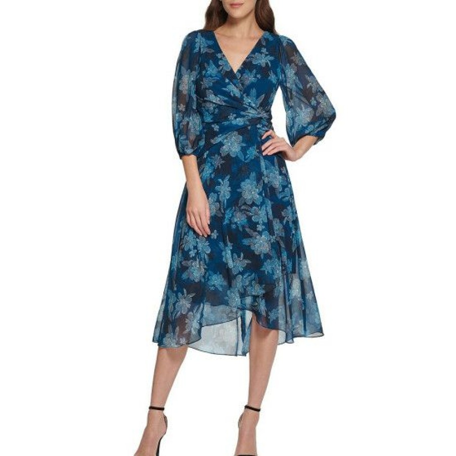 Women'S Clothing * | Cheap Dkny Floral Print Chiffon Surplice V-Neck 3/4 Balloon Sleeve Faux Wrap Midi Dress Deep Ocean