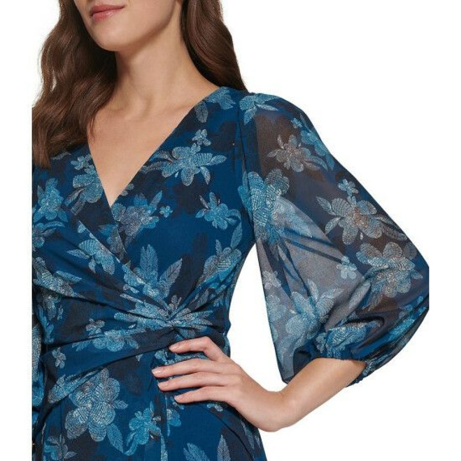 Women'S Clothing * | Cheap Dkny Floral Print Chiffon Surplice V-Neck 3/4 Balloon Sleeve Faux Wrap Midi Dress Deep Ocean