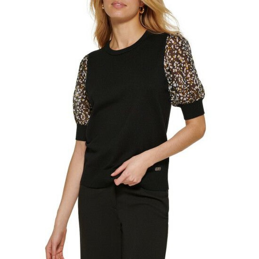 Women'S Clothing * | Budget Dkny Crew Neck Short Puff Spot Print Sleeve Mixed Media Top Black/Gold