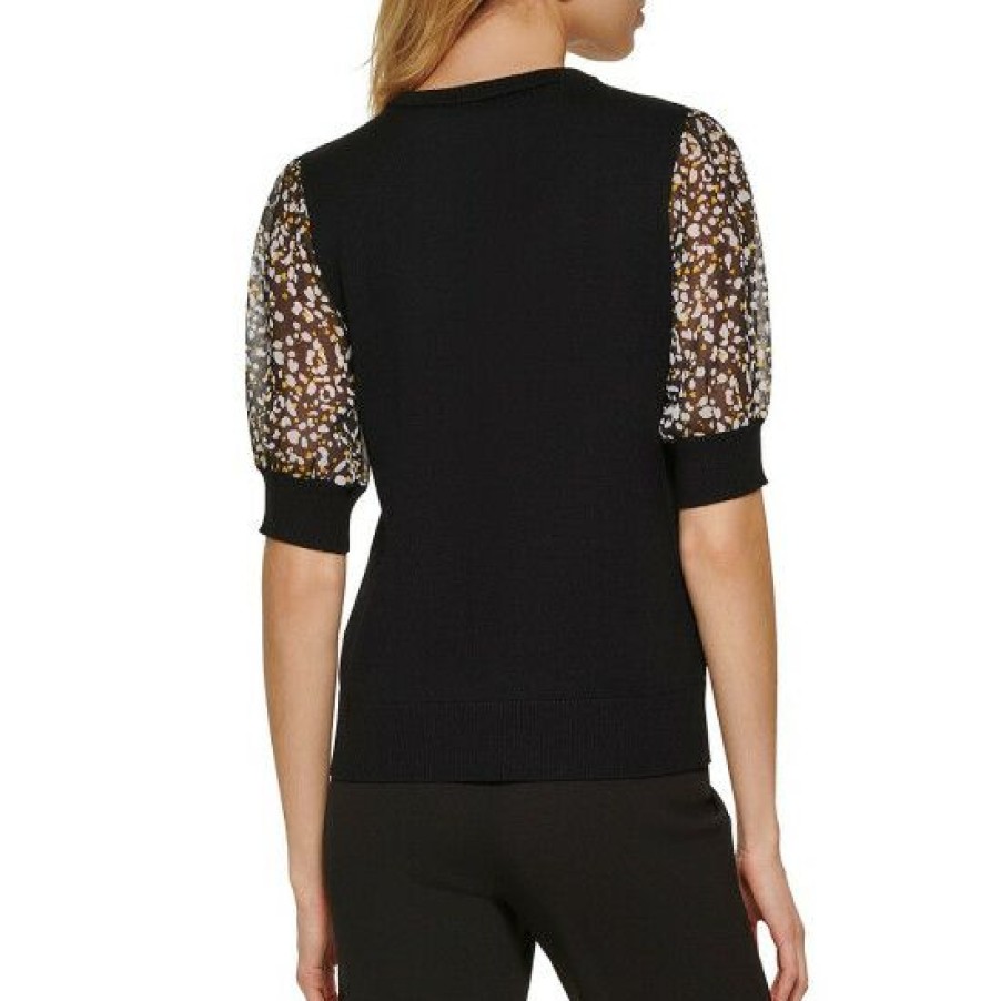 Women'S Clothing * | Budget Dkny Crew Neck Short Puff Spot Print Sleeve Mixed Media Top Black/Gold