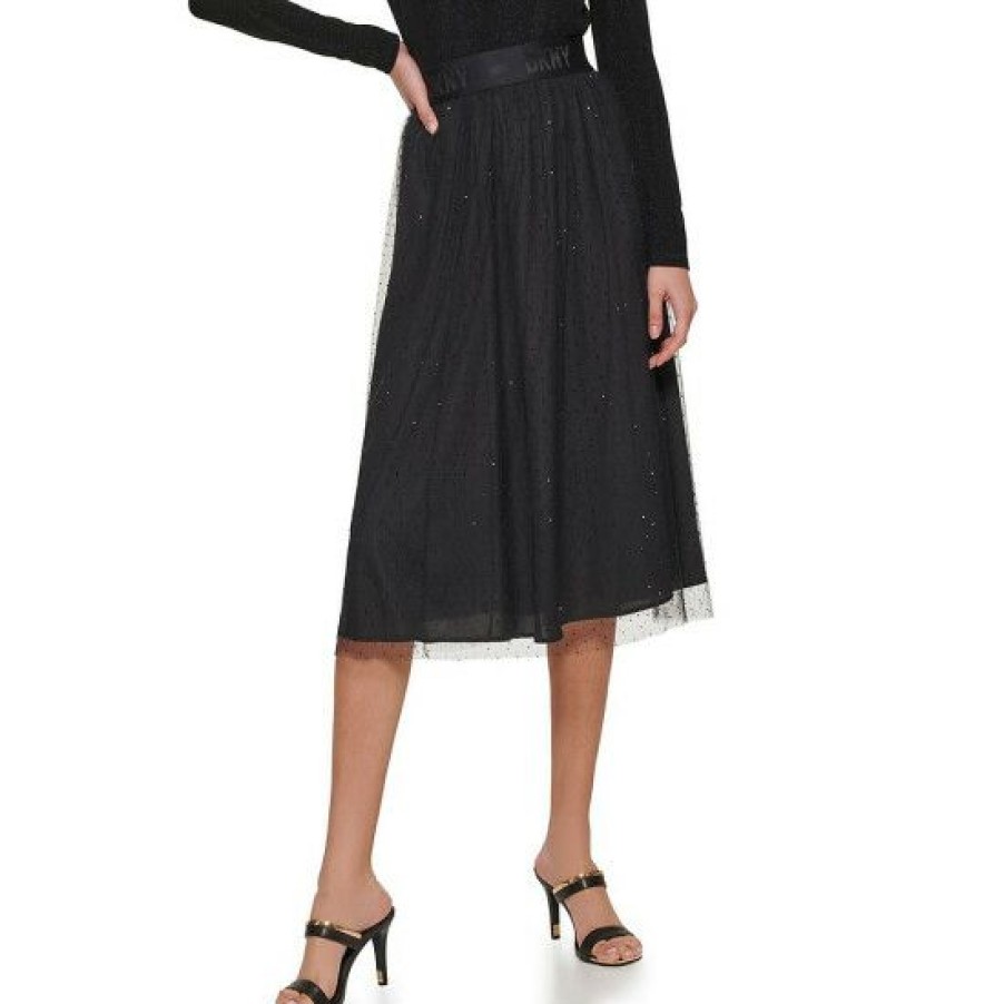 Women'S Clothing * | Budget Dkny Sheer Hem Tulle A-Line Studded Pull-On Midi Skirt Black