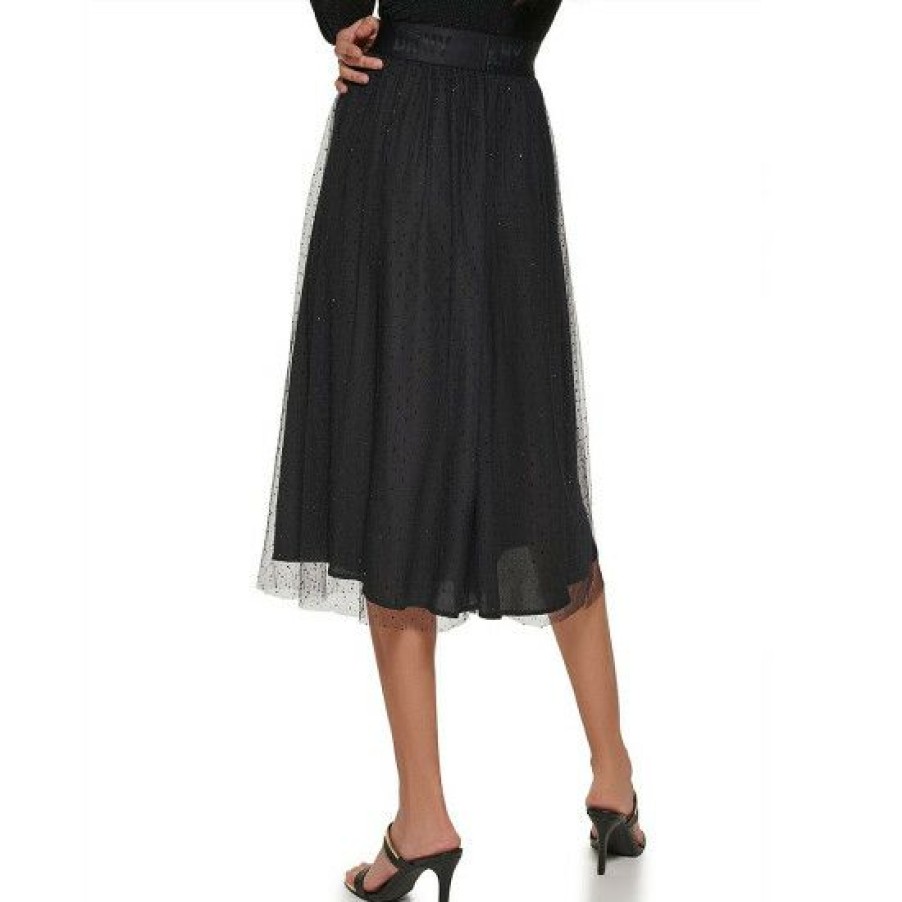 Women'S Clothing * | Budget Dkny Sheer Hem Tulle A-Line Studded Pull-On Midi Skirt Black