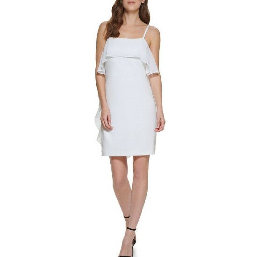 Women'S Clothing * | Cheapest Dkny Scuba Chiffon Flounce Drape Square Neck Sleeveless Shift Dress Ivory