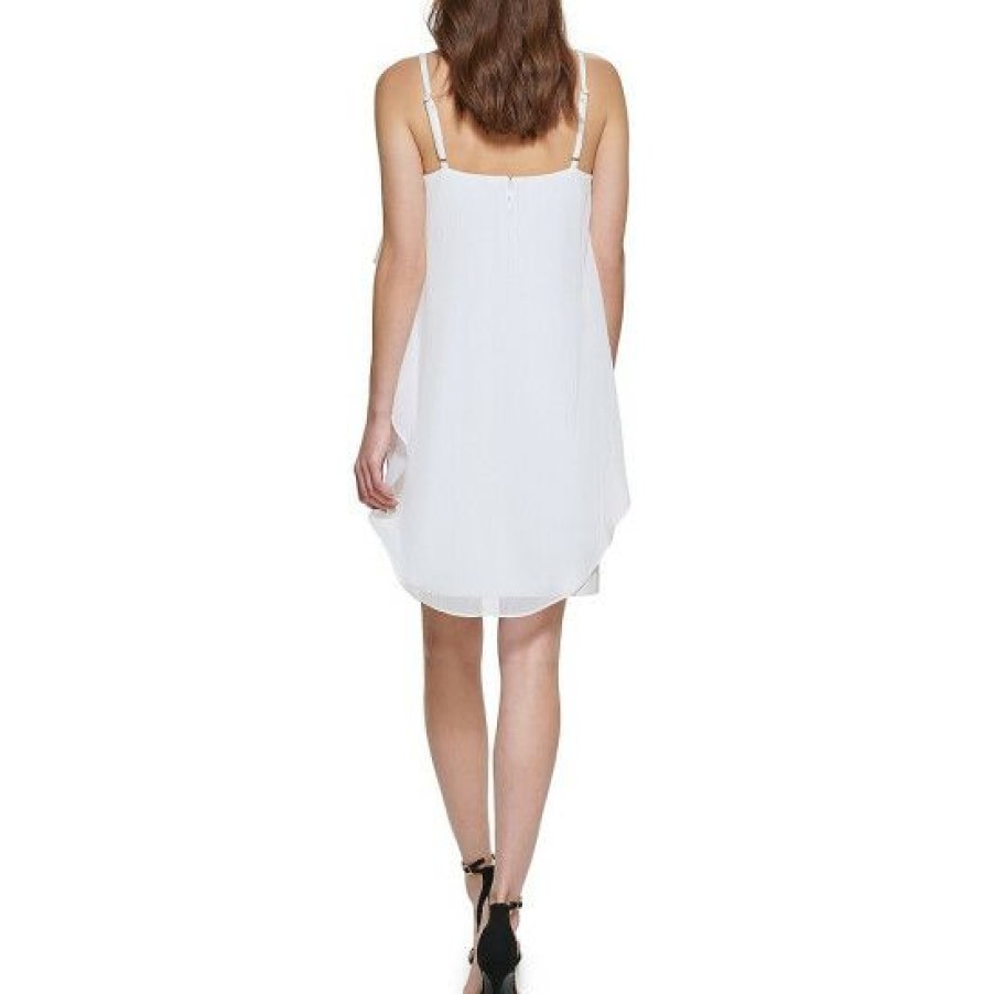 Women'S Clothing * | Cheapest Dkny Scuba Chiffon Flounce Drape Square Neck Sleeveless Shift Dress Ivory