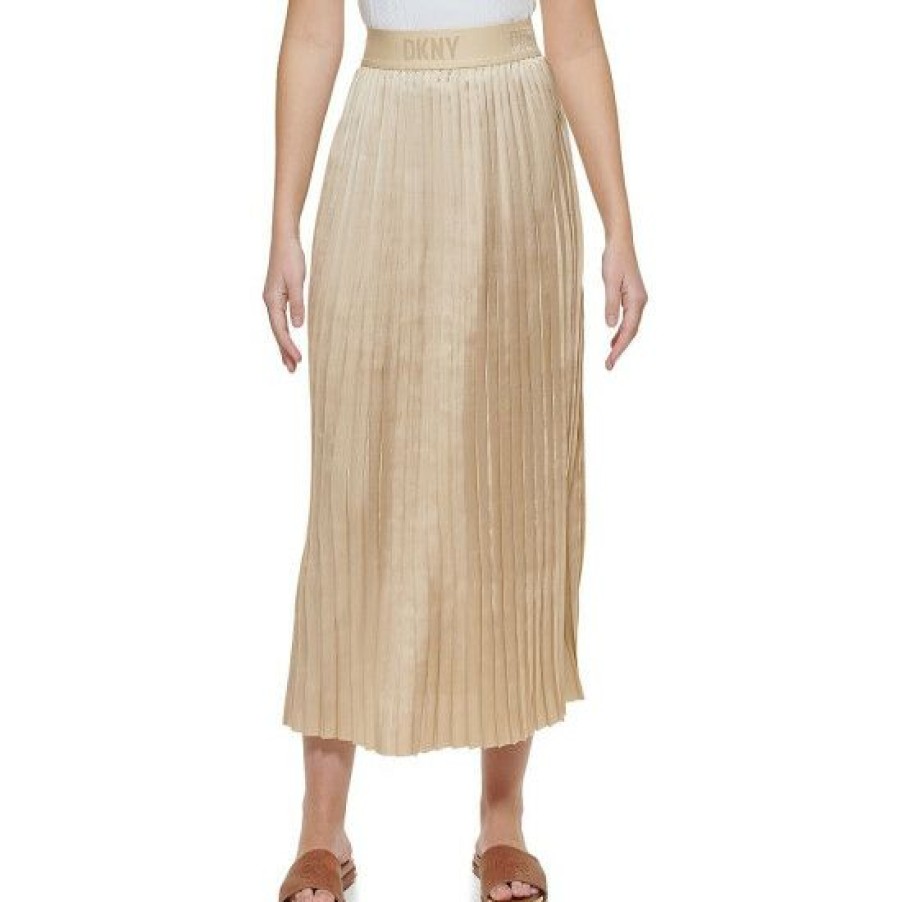 Women'S Clothing * | Cheapest Dkny Satin Pleated Pull-On A-Line Midi Skirt Wheat