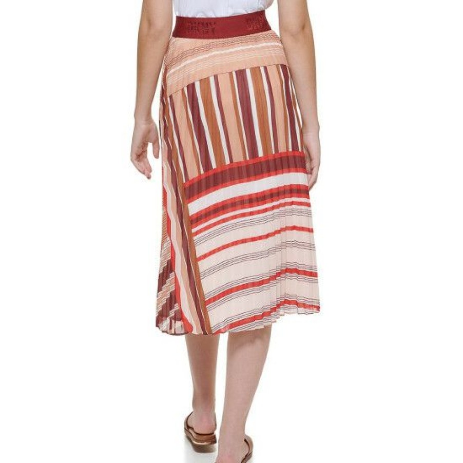 Women'S Clothing * | Coupon Dkny Chiffon Stripe Print Pleated A-Line Midi Skirt French Nude White Multi