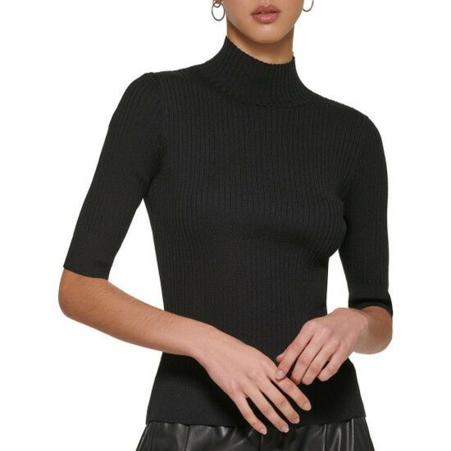 Women'S Clothing * | Top 10 Dkny Mock Neck Ribbed Knit Short Elbow Sleeve Top