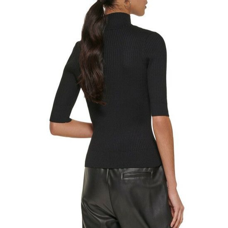 Women'S Clothing * | Top 10 Dkny Mock Neck Ribbed Knit Short Elbow Sleeve Top