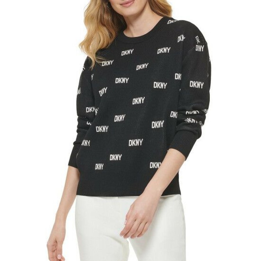 Women'S Clothing * | Outlet Dkny Allover Logo Print Crew Neck Long Sleeve Knit Top Black/Ivory