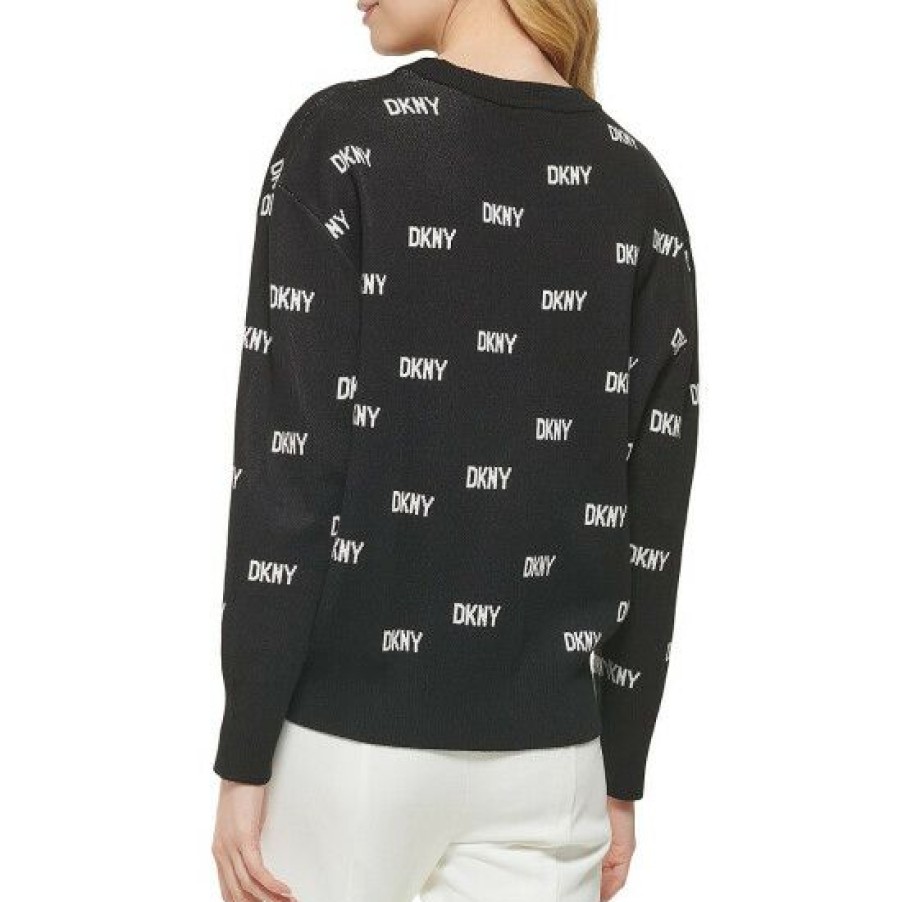 Women'S Clothing * | Outlet Dkny Allover Logo Print Crew Neck Long Sleeve Knit Top Black/Ivory