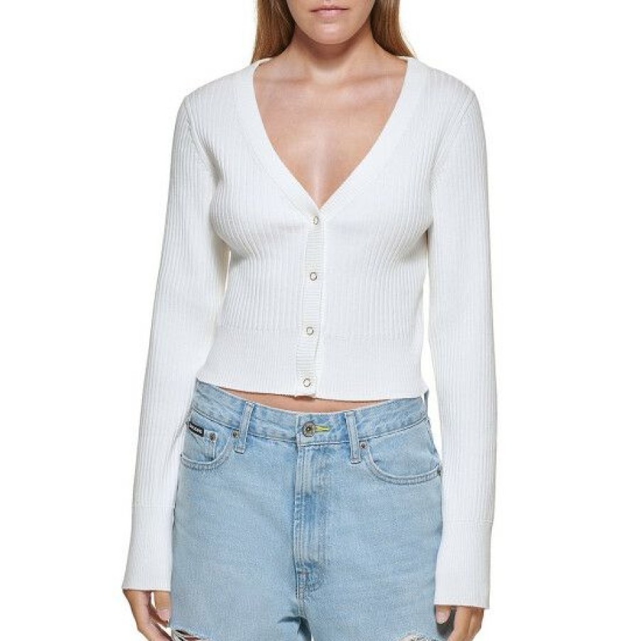 Women'S Clothing * | Flash Sale Dkny Jeans Ribbed Knit Long Sleeve V-Neck Button Front Cardigan