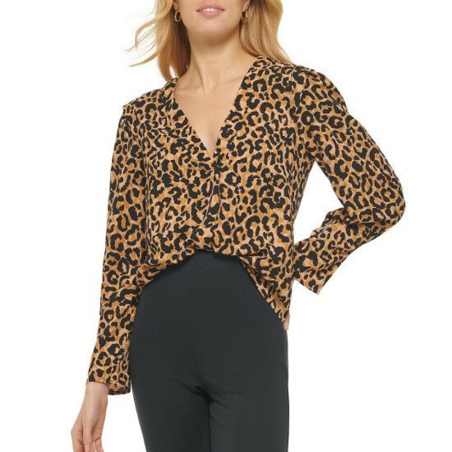 Women'S Clothing * | Cheap Dkny V-Neck Animal Print Long Sleeve Shoulder Detail Top Black Multi