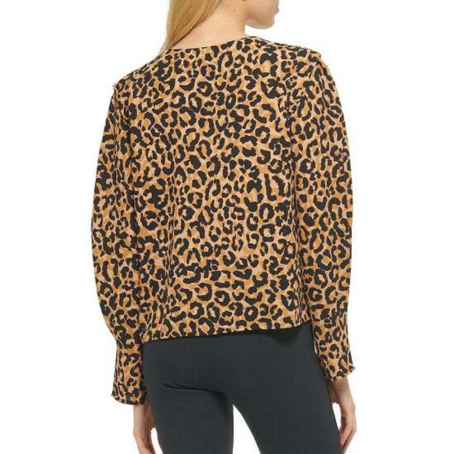 Women'S Clothing * | Cheap Dkny V-Neck Animal Print Long Sleeve Shoulder Detail Top Black Multi