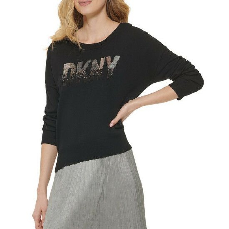 Women'S Clothing * | Cheapest Dkny Sequined Logo Long Dolman Sleeve Crew Neck Top Black/Silver