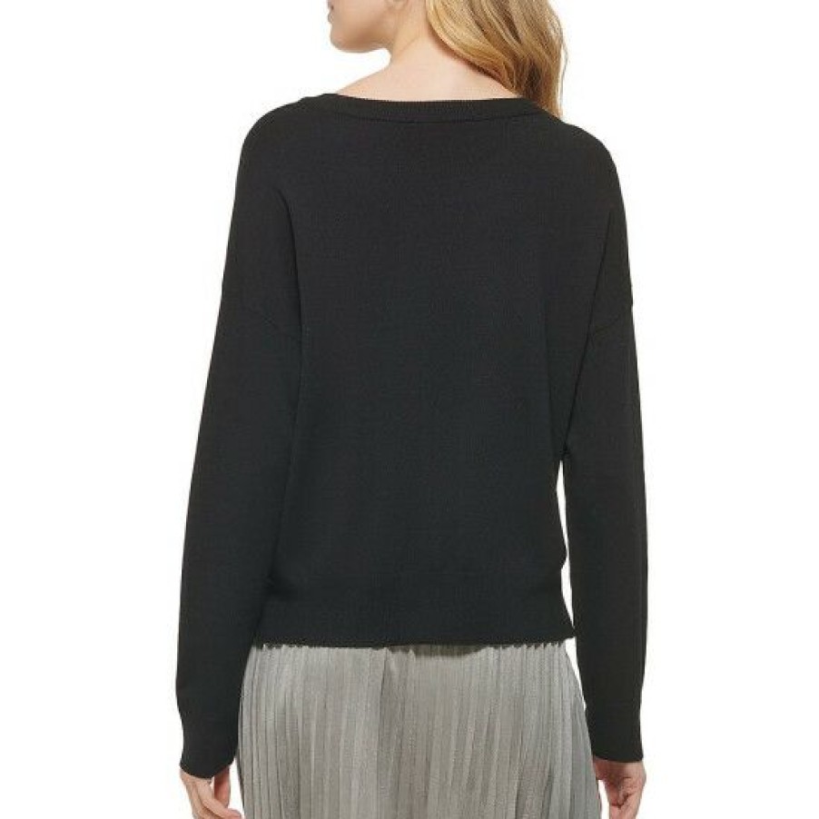 Women'S Clothing * | Cheapest Dkny Sequined Logo Long Dolman Sleeve Crew Neck Top Black/Silver