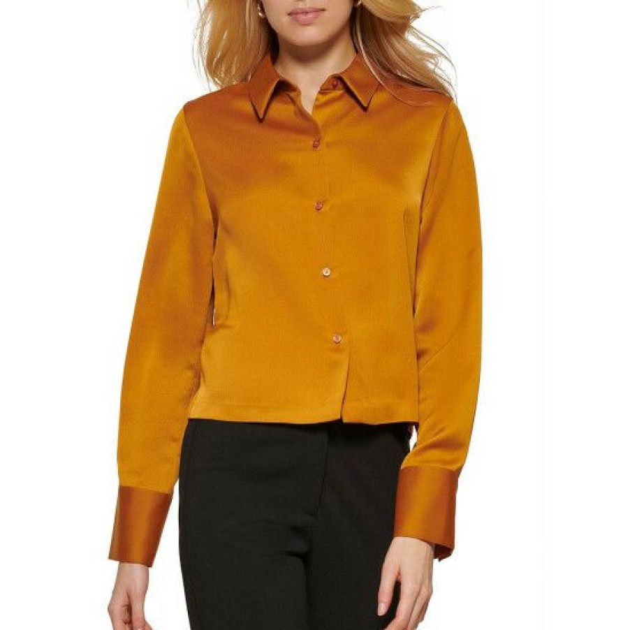 Women'S Clothing * | Best Pirce Dkny Long Cuffed Sleeve Button Front Collar Blouse Roasted Pecan