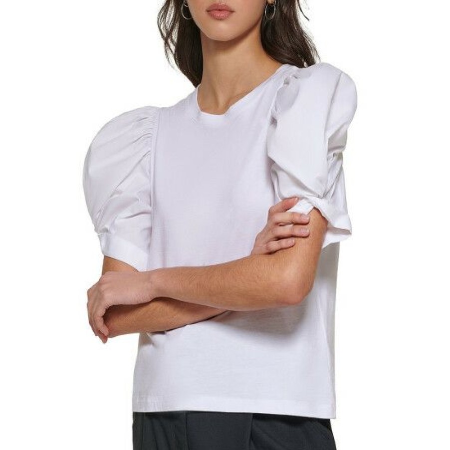 Women'S Clothing * | Best Deal Dkny Short Ruched Puff Sleeve Crew Neck Top White