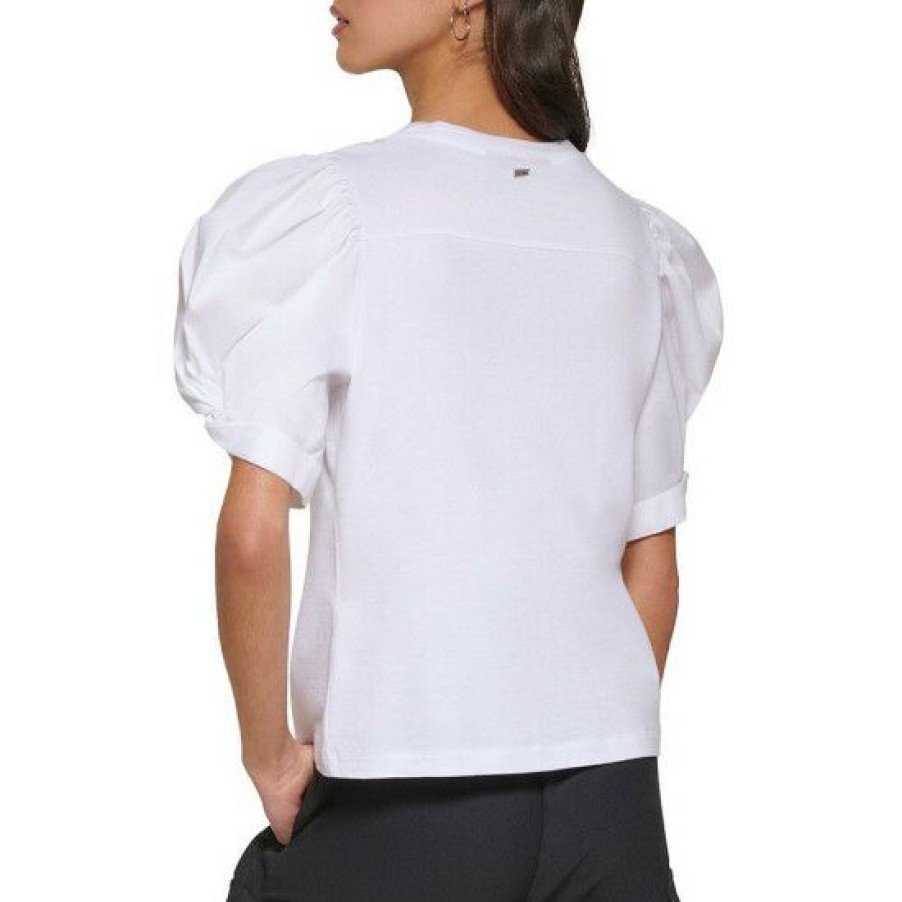 Women'S Clothing * | Best Deal Dkny Short Ruched Puff Sleeve Crew Neck Top White