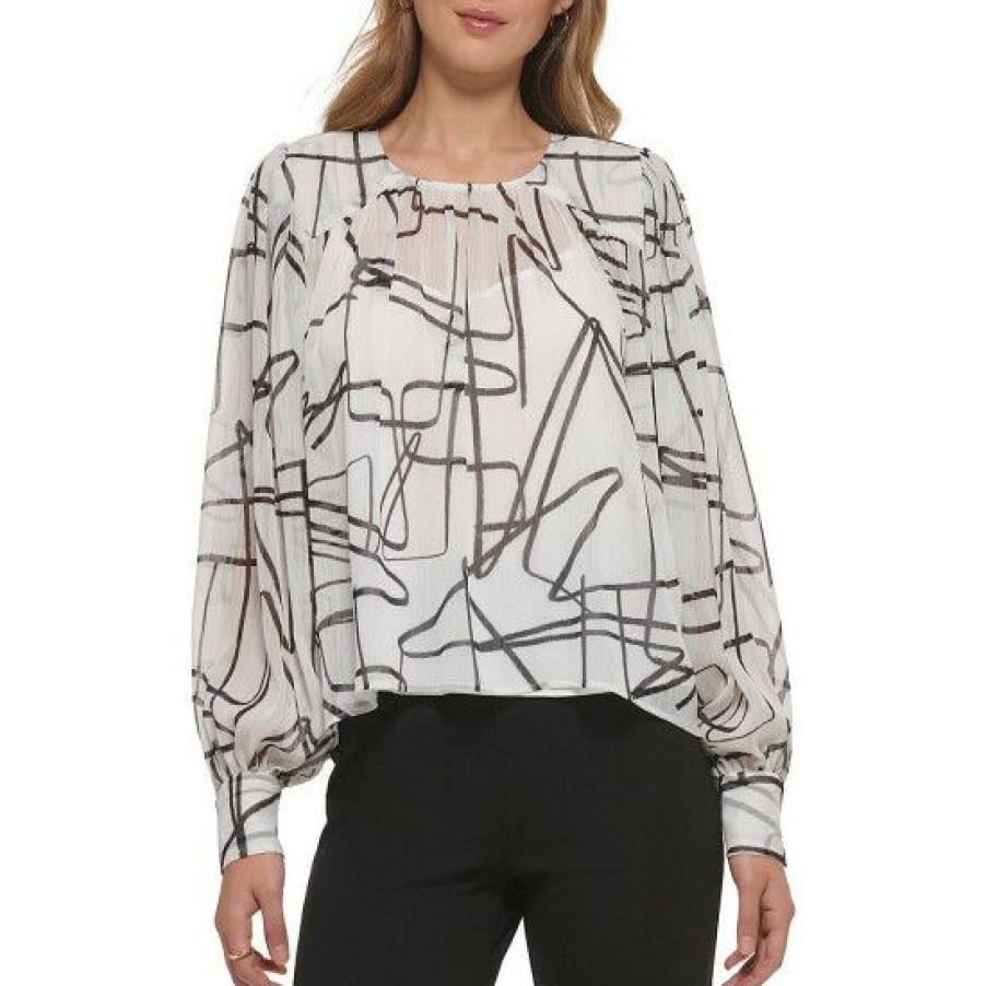 Women'S Clothing * | Cheap Dkny Printed Long Sleeve Peasant Blouse White/Black