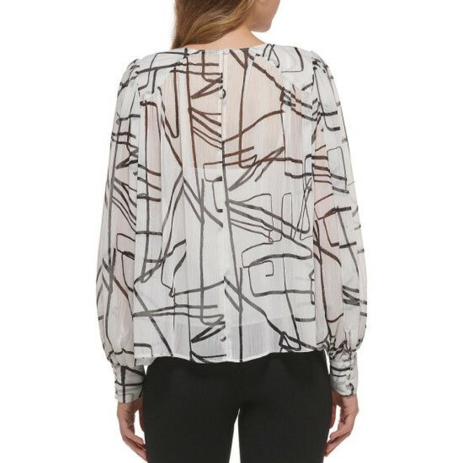 Women'S Clothing * | Cheap Dkny Printed Long Sleeve Peasant Blouse White/Black