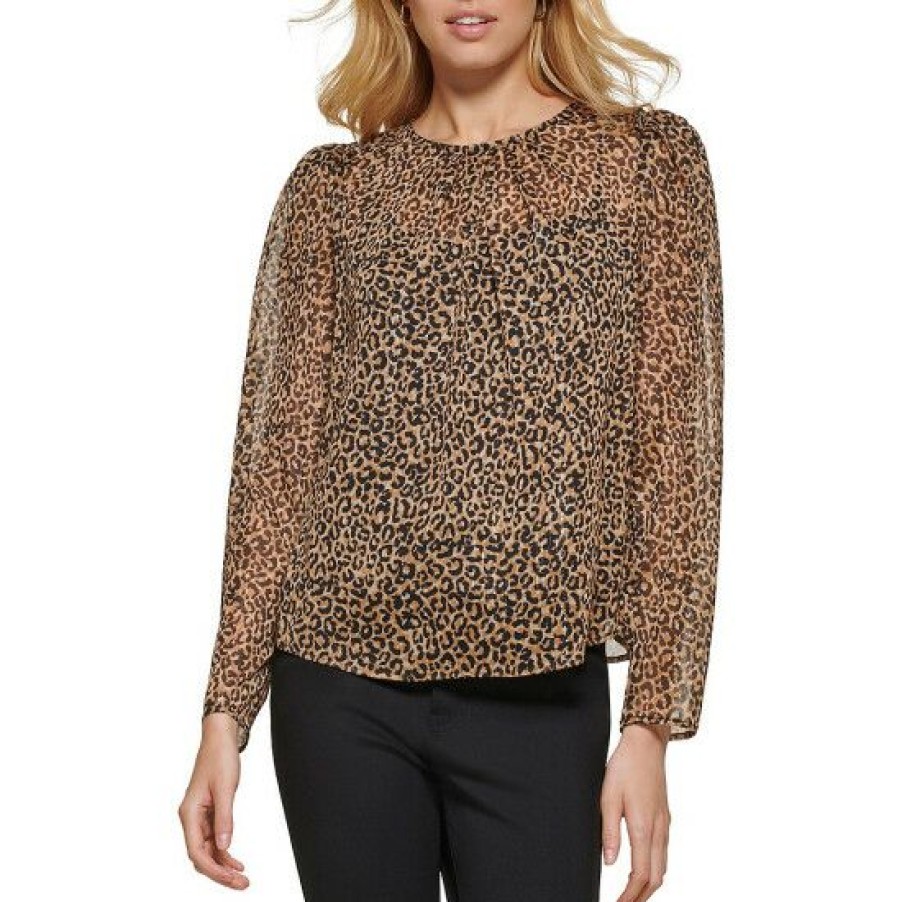 Women'S Clothing * | Best Deal Dkny Woven Cheetah Print Crew Neck Long Sleeve Blouse Roasted Pecan