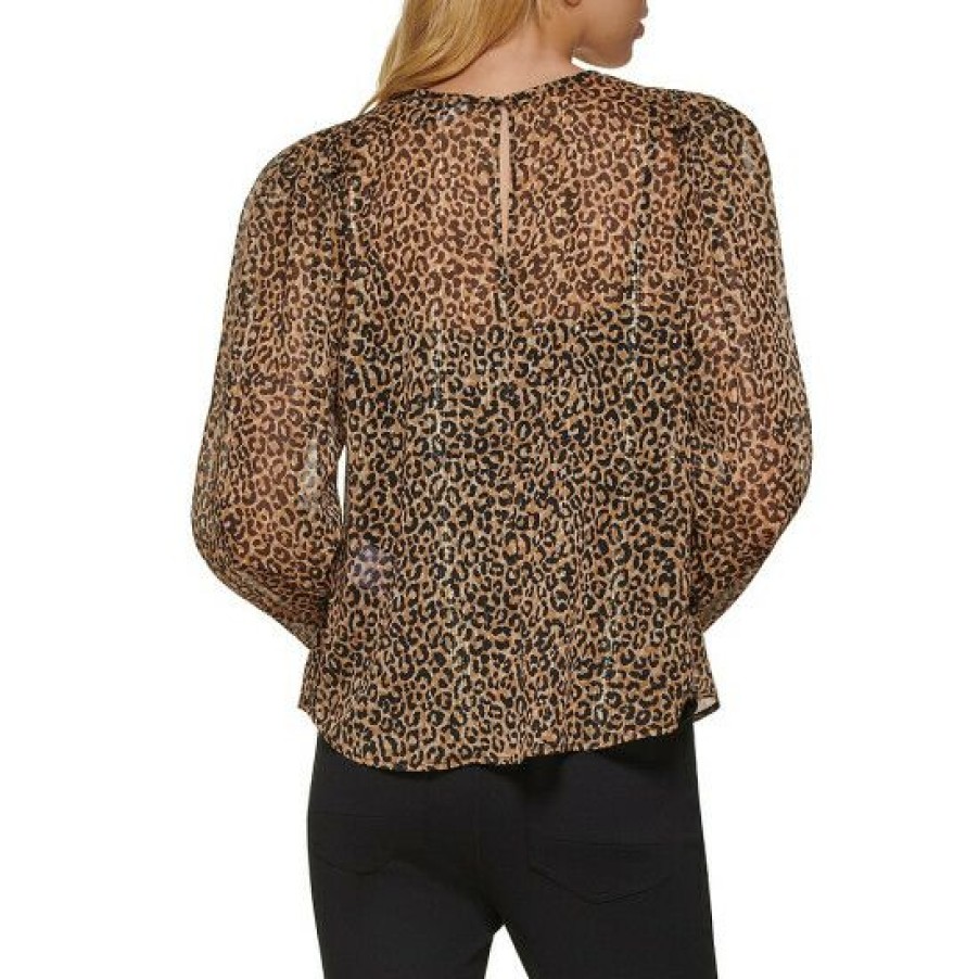 Women'S Clothing * | Best Deal Dkny Woven Cheetah Print Crew Neck Long Sleeve Blouse Roasted Pecan