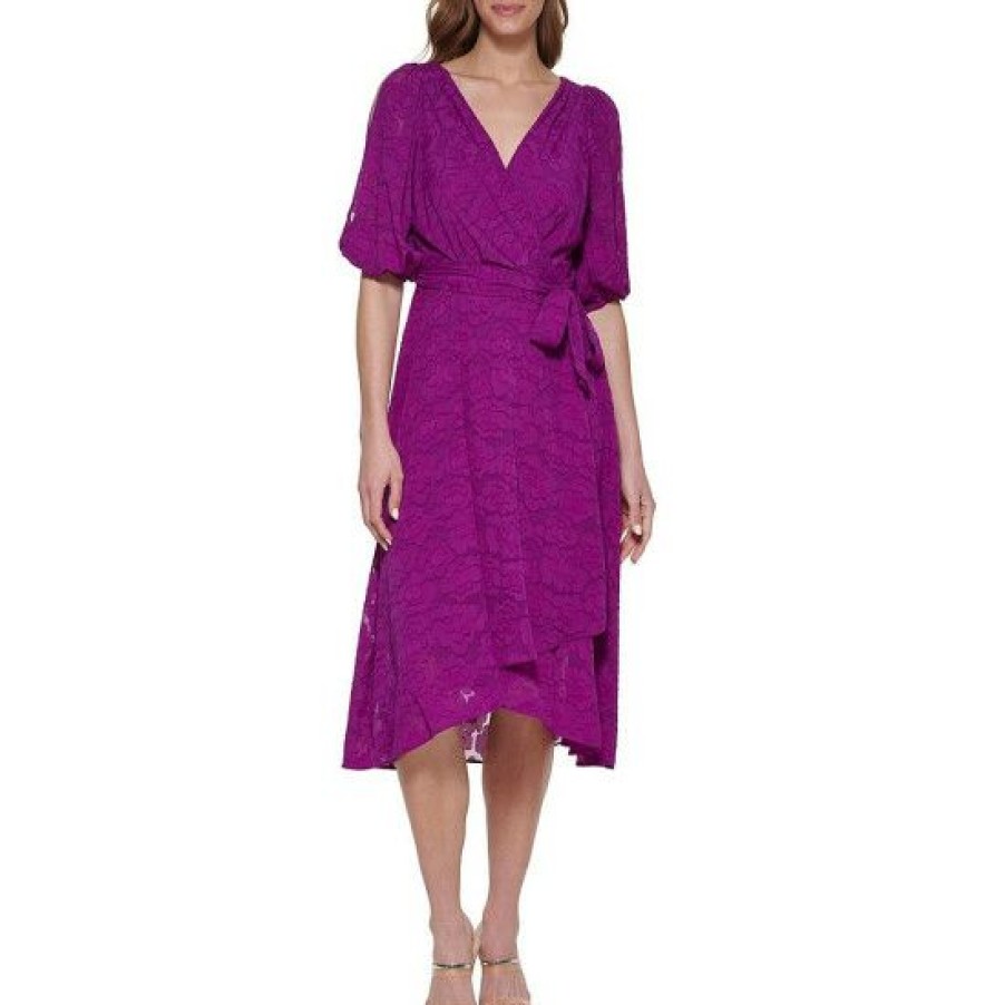 Women'S Clothing * | Wholesale Dkny Chiffon Burnout Faux Wrap Short Sleeve Surplice V-Neck Midi Dress Magnolia