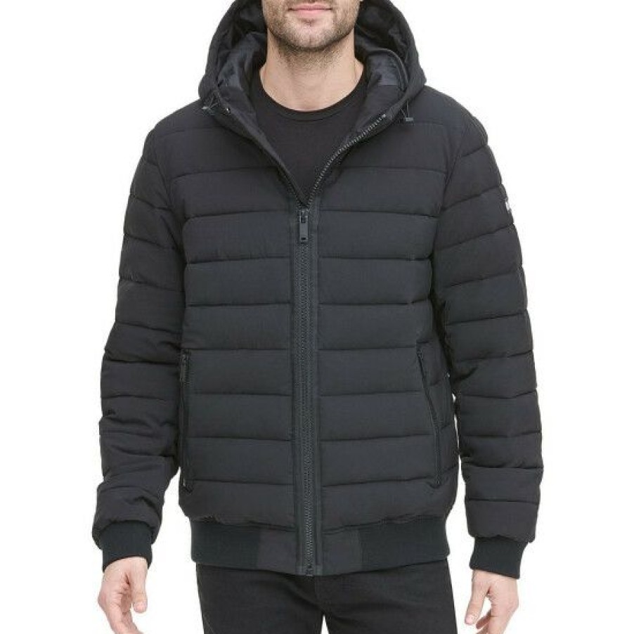 Men * | Promo Dkny Long-Sleeve Quilted Hooded Bomber Puffer Jacket Black