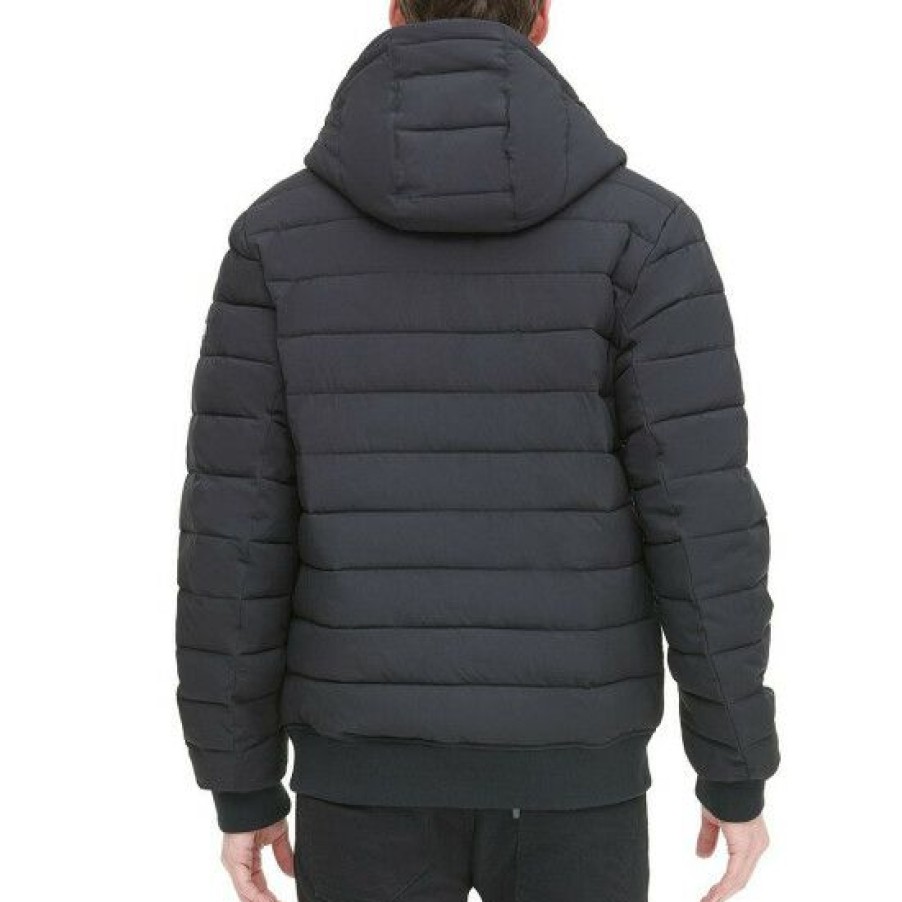 Men * | Promo Dkny Long-Sleeve Quilted Hooded Bomber Puffer Jacket Black