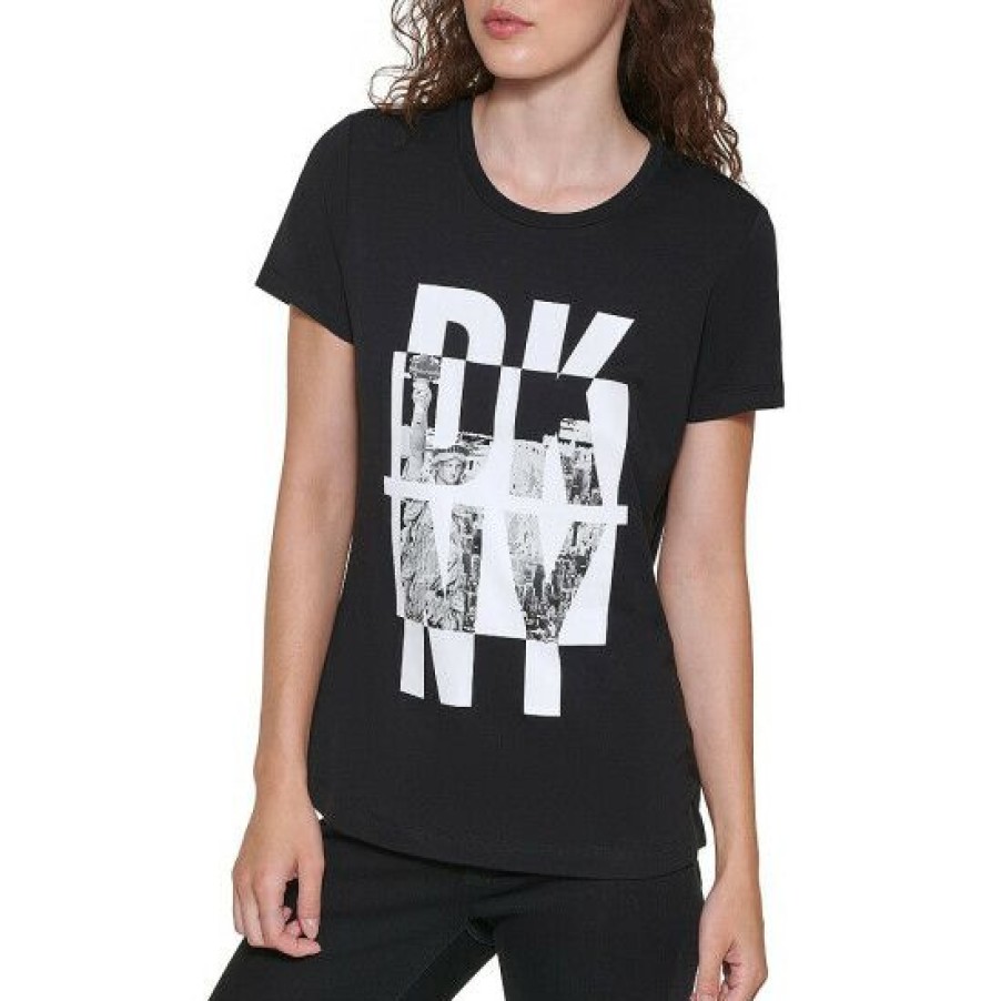 Women'S Clothing * | Budget Dkny Logo Print Crew Neck Short Sleeve T-Shirt