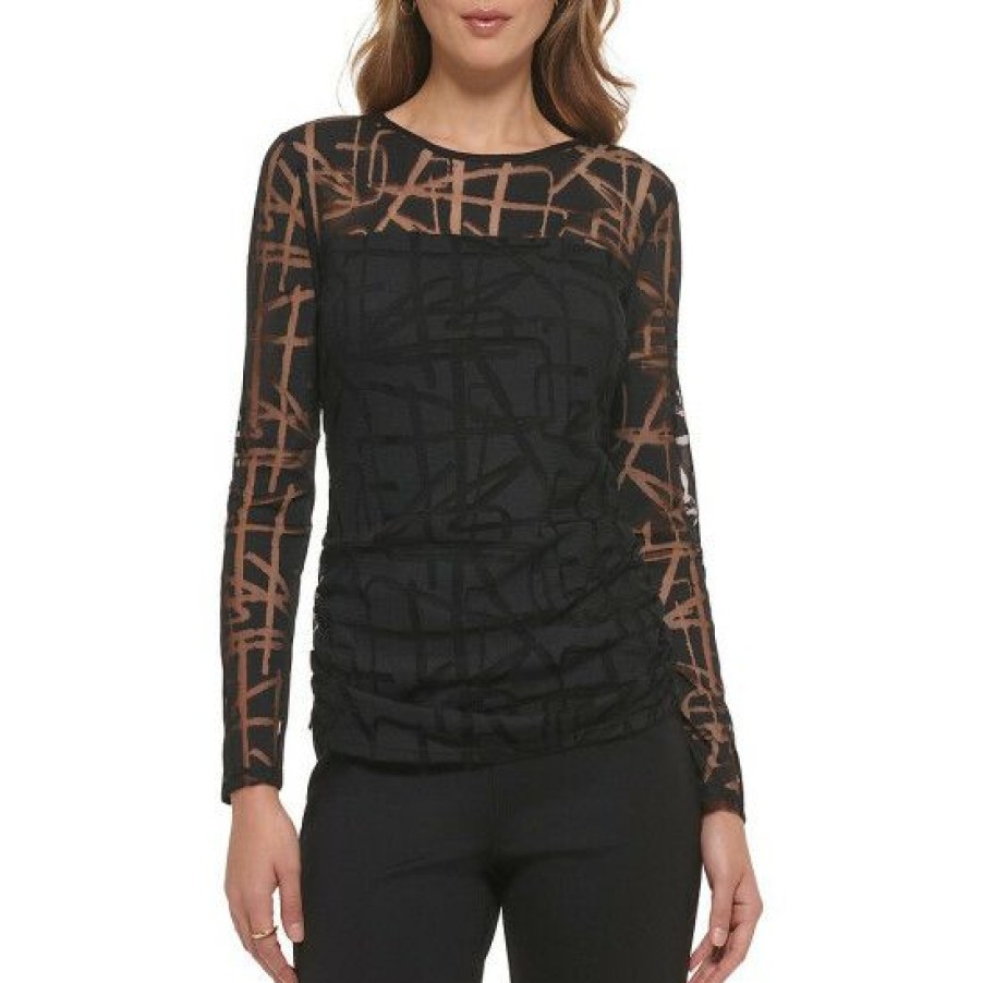 Women'S Clothing * | Cheap Dkny Jacquard Mesh Ruched Long Sleeve Top Black