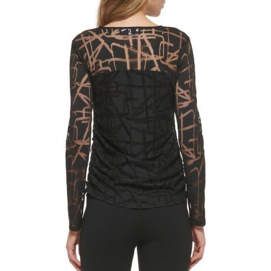 Women'S Clothing * | Cheap Dkny Jacquard Mesh Ruched Long Sleeve Top Black