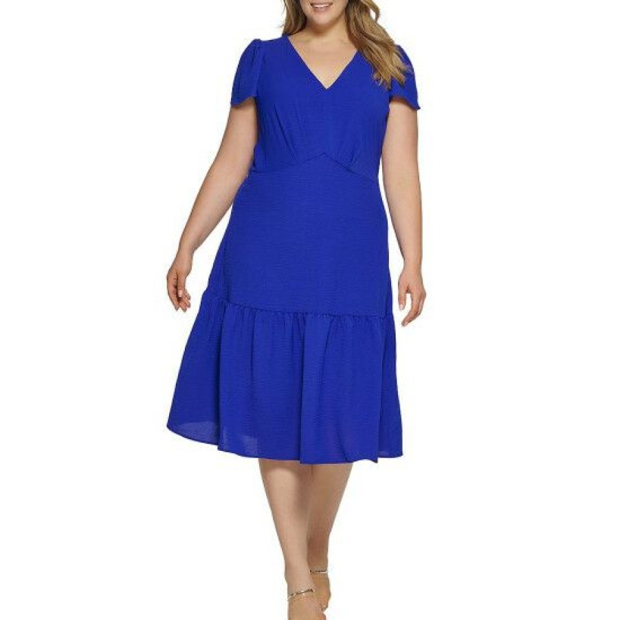 Women'S Clothing * | Brand New Dkny Plus Size Short Flutter Sleeve V-Neck Tiered Midi Dress Iris