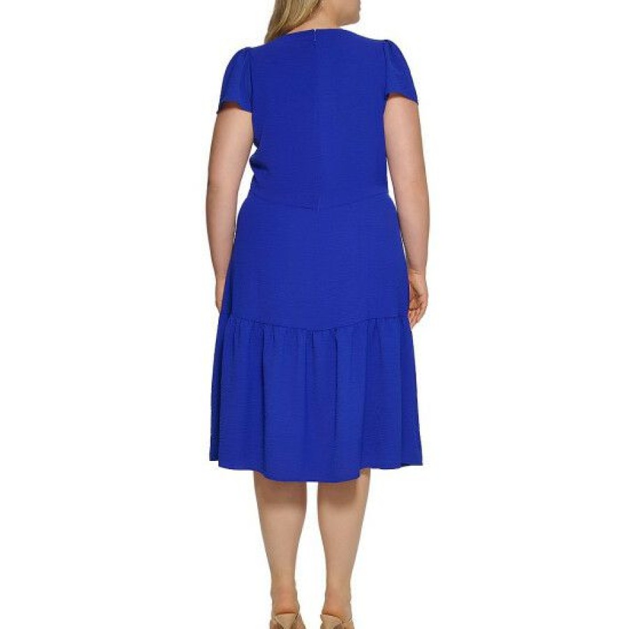 Women'S Clothing * | Brand New Dkny Plus Size Short Flutter Sleeve V-Neck Tiered Midi Dress Iris