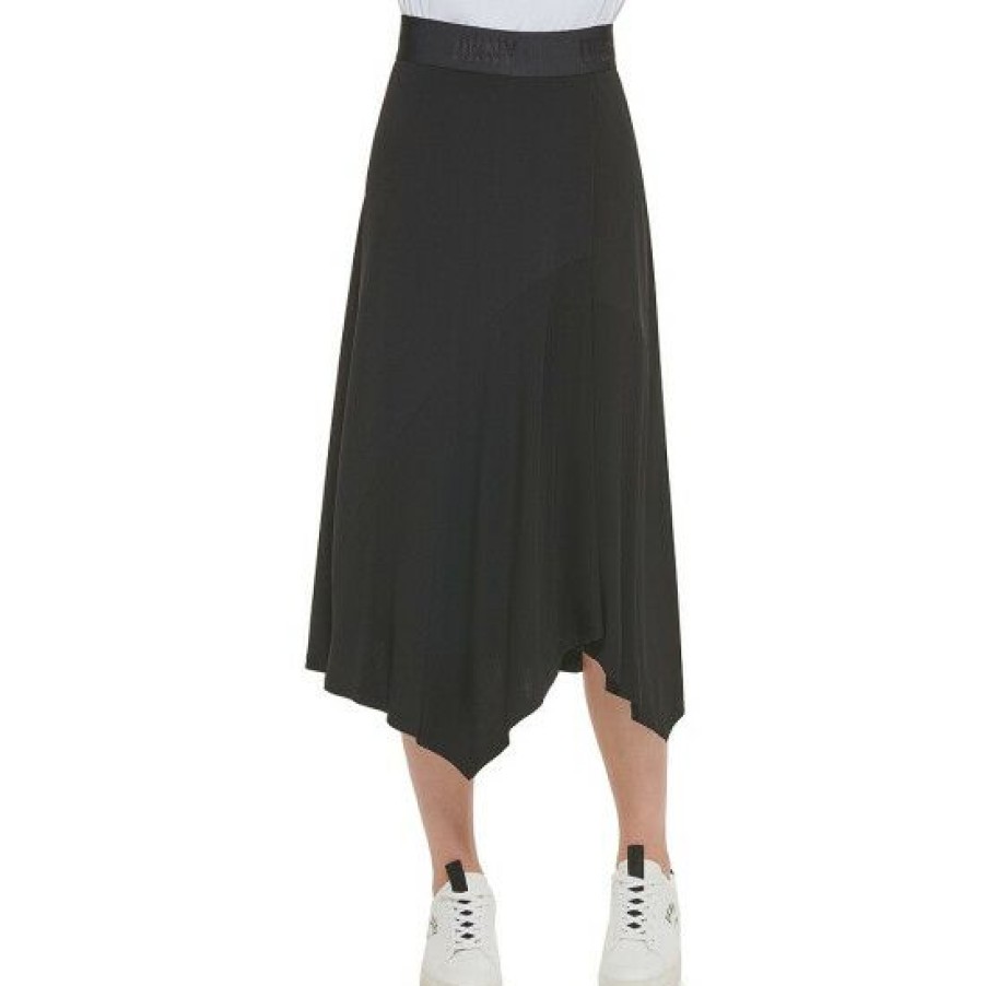 Women'S Clothing * | Discount Dkny Logo Elastic Waistband Asymmetrical Pull-On Skirt Black