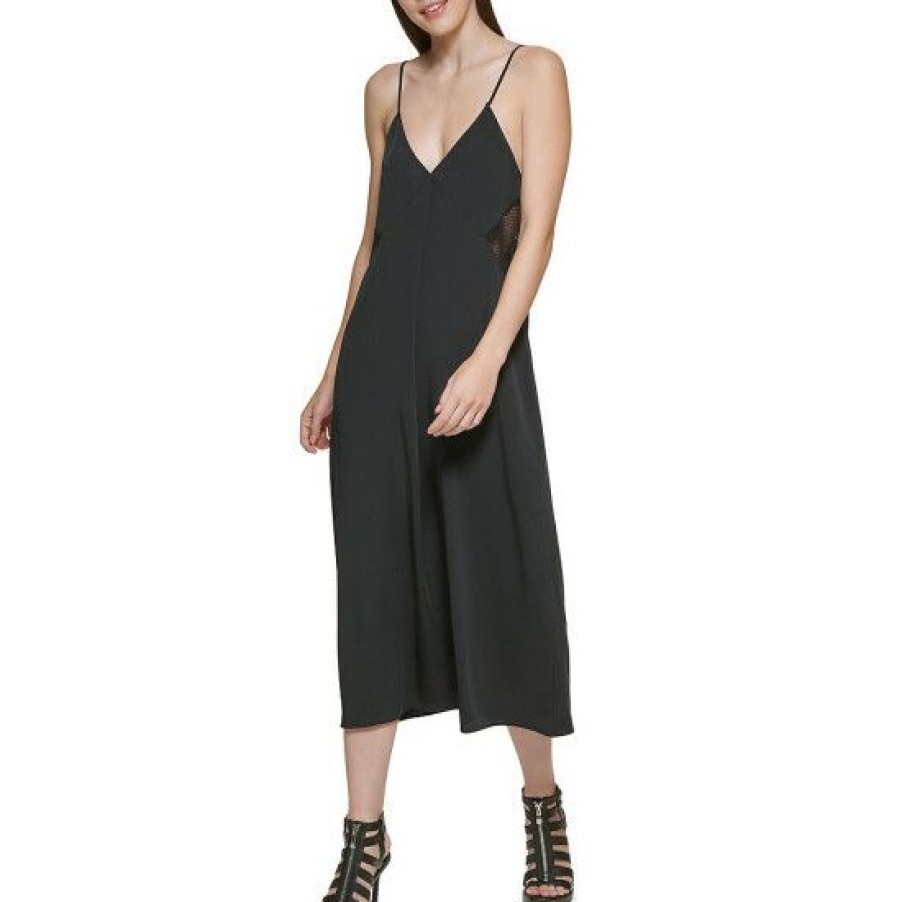 Women'S Clothing * | Promo Dkny Mixed Media Double V-Neck Sleeveless Mesh Back Detail Slip Midi Dress Black